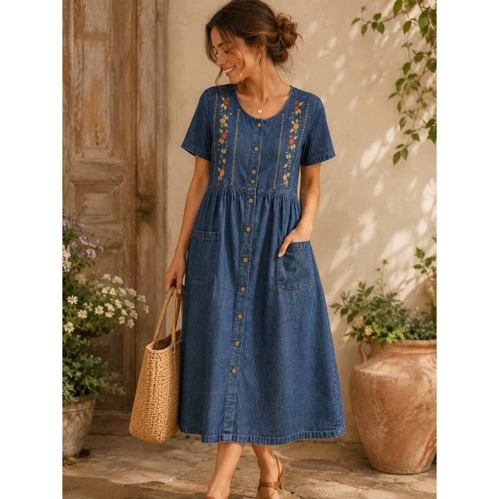 Erika & Co Vintage 90s Denim Floral Embroidered Midi Dress Blue Cotton Large